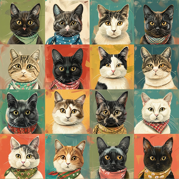 A grid of sixteen illustrated cats wearing colorful bandanas on various colored backgrounds.
