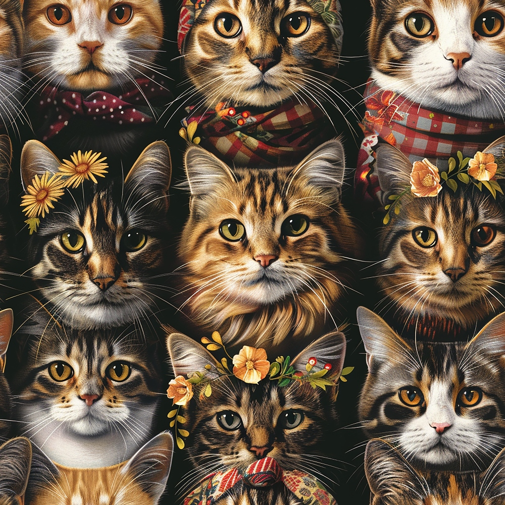 A group of cats with different fur patterns wearing floral wreaths and checkered scarves. The cats have various flower decorations on their heads and attentive expressions.