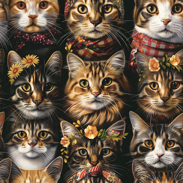 A group of cats with different fur patterns wearing floral wreaths and checkered scarves. The cats have various flower decorations on their heads and attentive expressions.