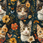 Illustrated pattern of cats with floral collars and flowers. Background includes butterflies and various plants.