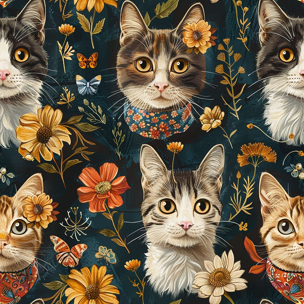Illustrated pattern of cats with floral collars and flowers. Background includes butterflies and various plants.