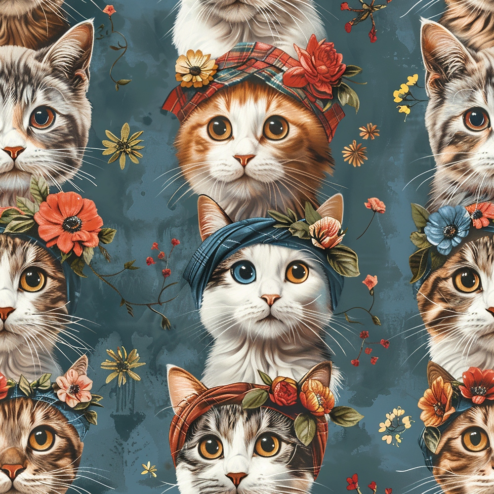 Pattern of cats wearing various floral headbands against a blue background, surrounded by colorful flowers and leaves.
