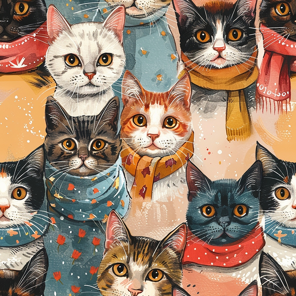 Illustrated cats wearing colorful scarves, each with unique fur patterns, against a patterned background.