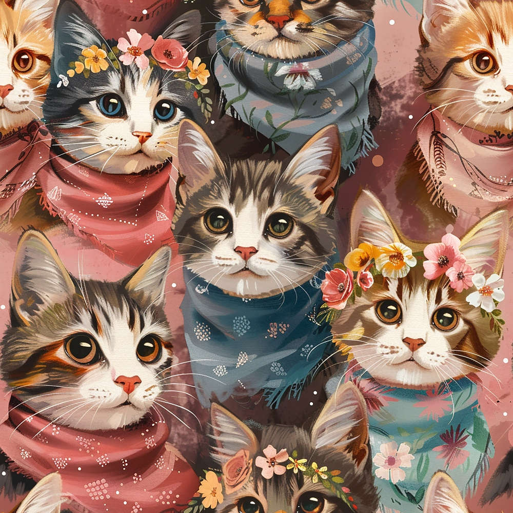 Illustrated group of cats wearing colorful scarves, some adorned with flowers, set against a textured background.