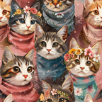 Illustrated group of cats wearing colorful scarves, some adorned with flowers, set against a textured background.