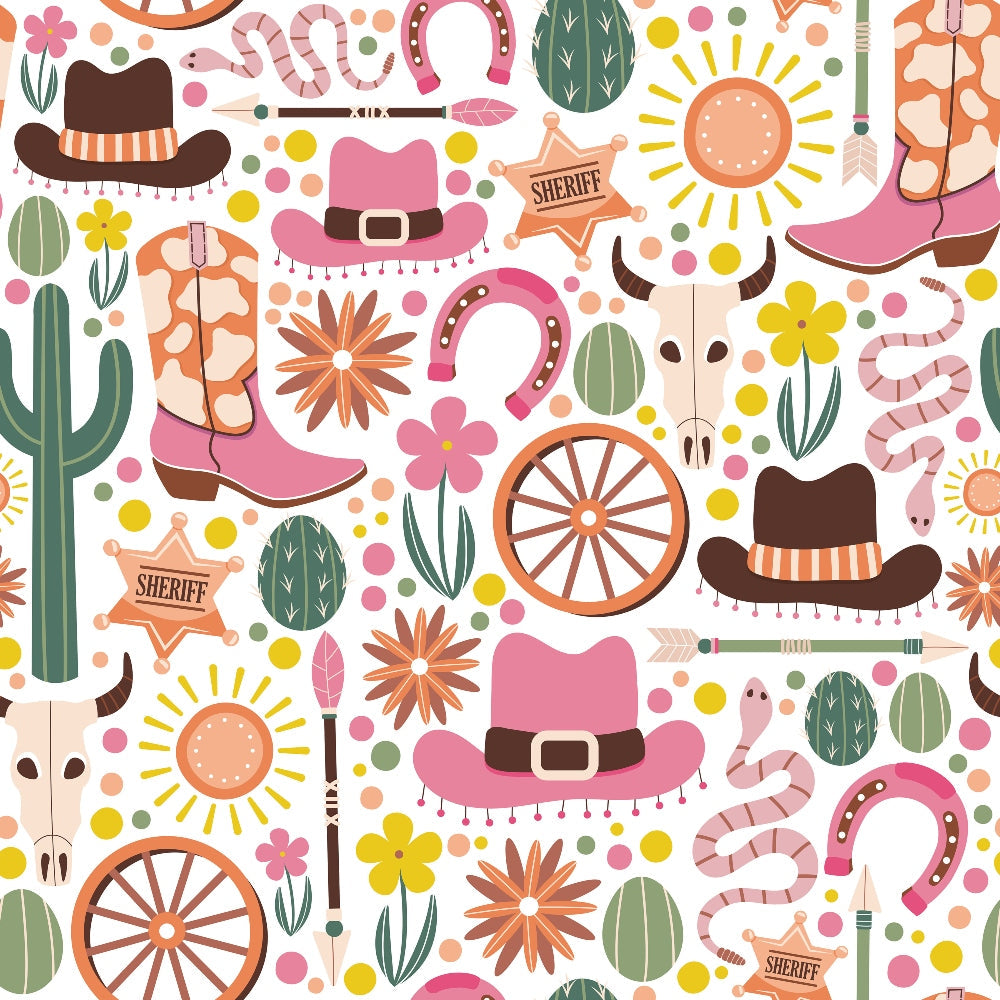 Illustrated pattern of cowboy hats, boots, sheriff badges, cacti, wagon wheels, snakes, skulls, and flowers in various colors on a white background.