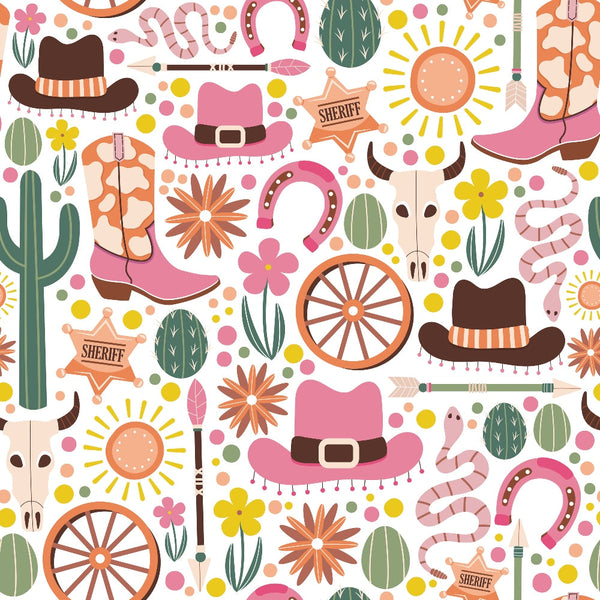 Illustrated pattern of cowboy hats, boots, sheriff badges, cacti, wagon wheels, snakes, skulls, and flowers in various colors on a white background.