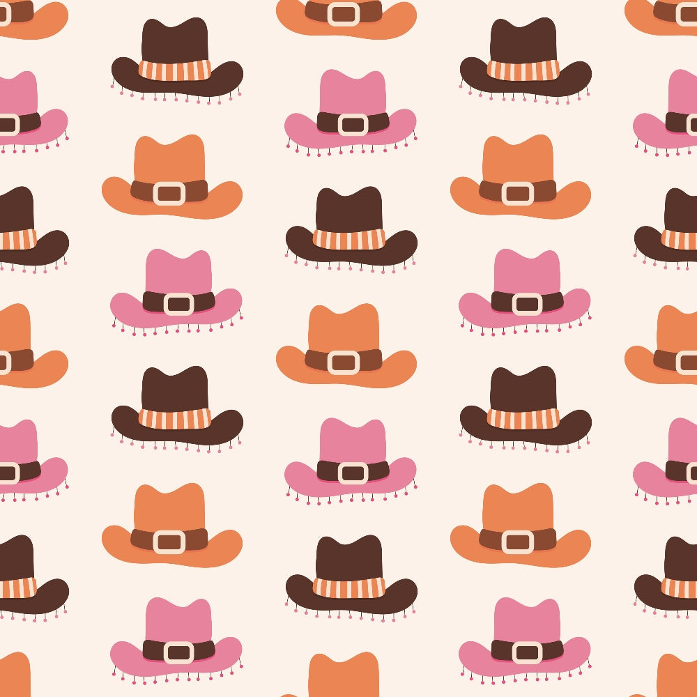 Pattern of brown, orange, and pink cowboy hats with belts on a light background.