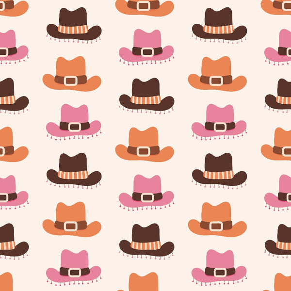Pattern of brown, orange, and pink cowboy hats with belts on a light background.