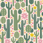 Pattern of various green cacti, pink and yellow flowers, and colorful dots on a light background.
