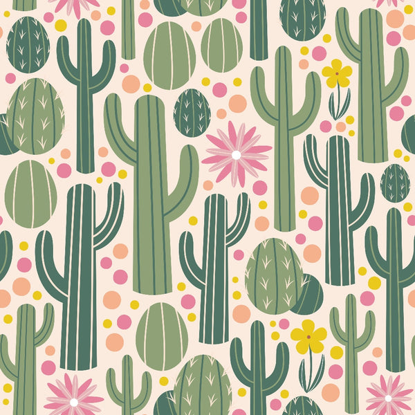 Pattern of various green cacti, pink and yellow flowers, and colorful dots on a light background.