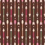 Pattern of colorful arrows with feathers and pointed tips on a brown background.