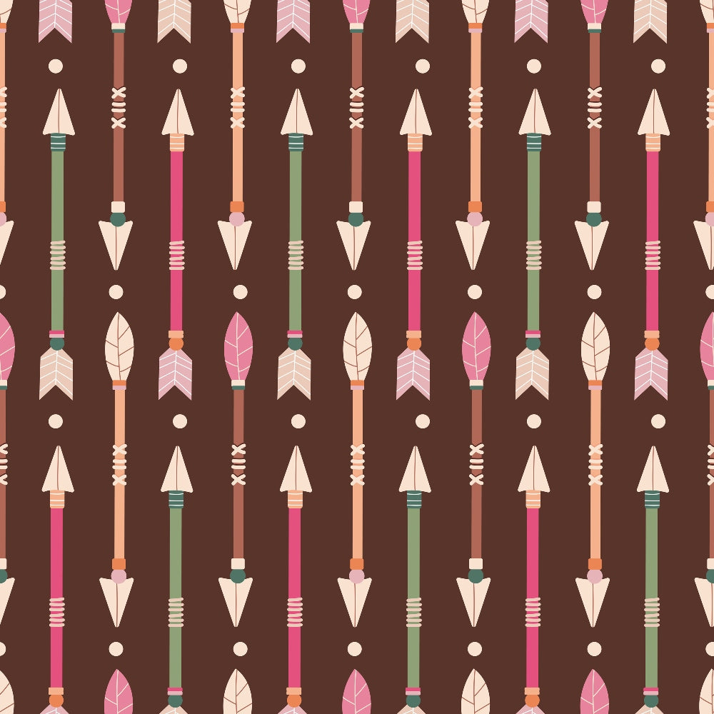 Pattern of colorful arrows with feathers and pointed tips on a brown background.