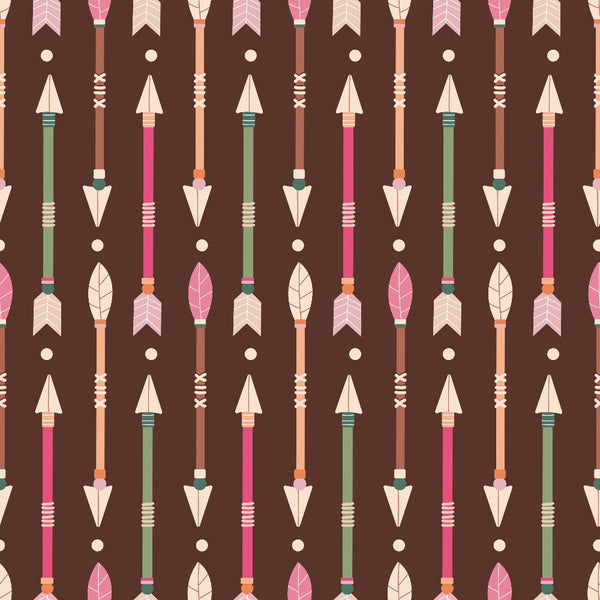 Pattern of colorful arrows with feathers and pointed tips on a brown background.