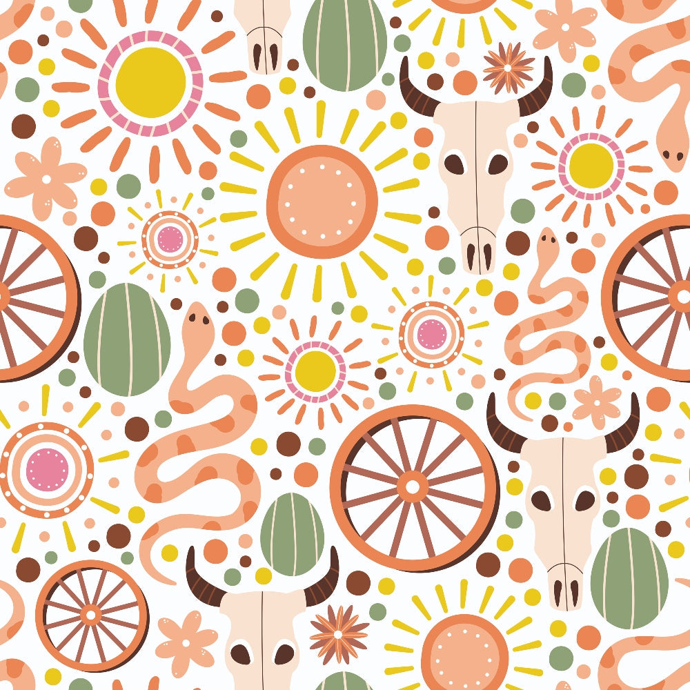 Pattern featuring suns, wagon wheels, snake shapes, bull skulls, and abstract circles and flowers in earthy tones.