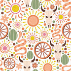 Pattern featuring suns, wagon wheels, snake shapes, bull skulls, and abstract circles and flowers in earthy tones.