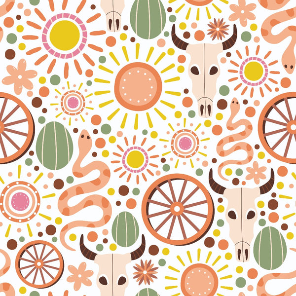 Pattern featuring suns, wagon wheels, snake shapes, bull skulls, and abstract circles and flowers in earthy tones.