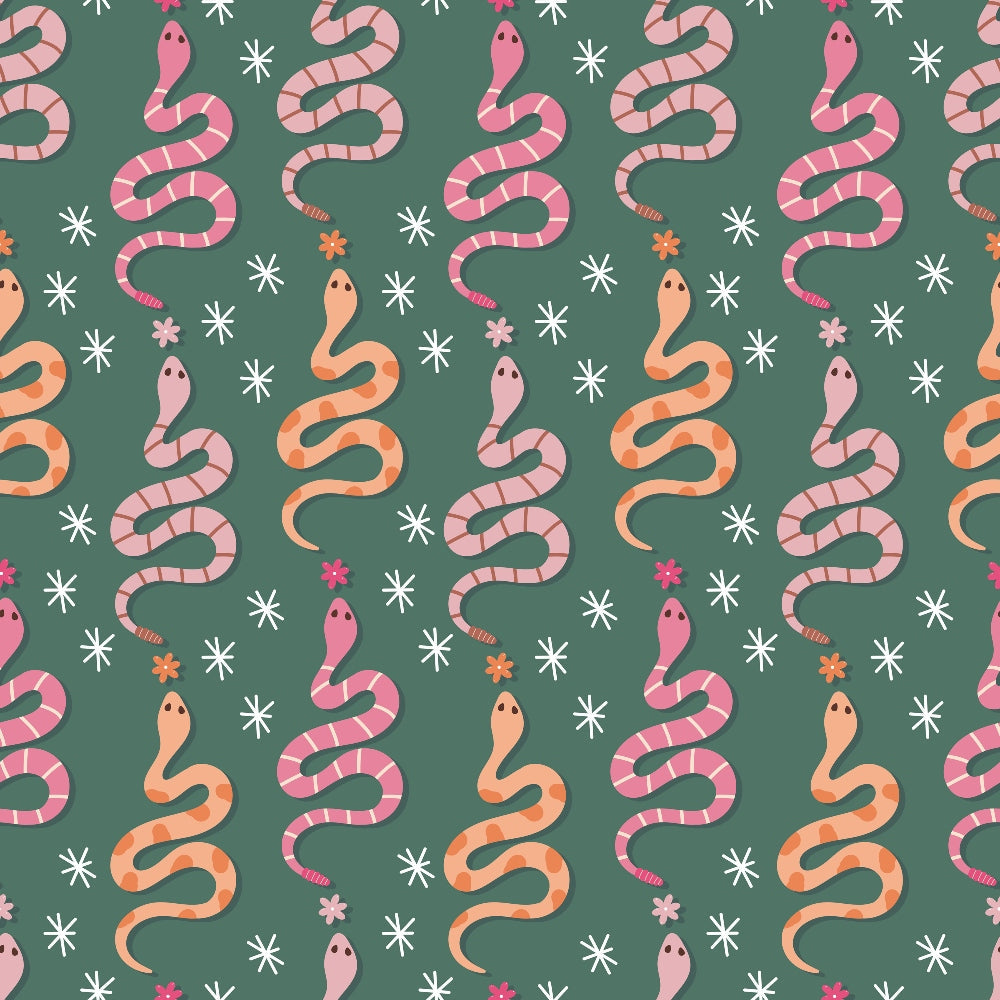Pattern of pink and orange snakes with flowers and stars on a green background.