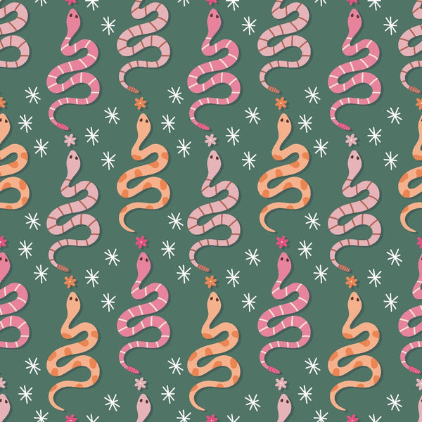 Pattern of pink and orange snakes with flowers and stars on a green background.