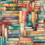 Illustration of numerous colorful books stacked in various orientations, with a few plants interspersed between them.