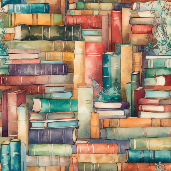 Illustration of numerous colorful books stacked in various orientations, with a few plants interspersed between them.