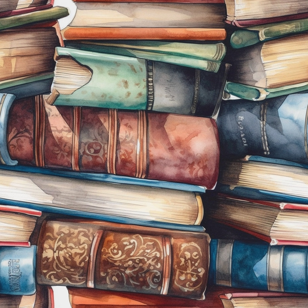 A pile of old hardcover books stacked haphazardly, with worn covers and visible spines, showcasing various colors and textures.