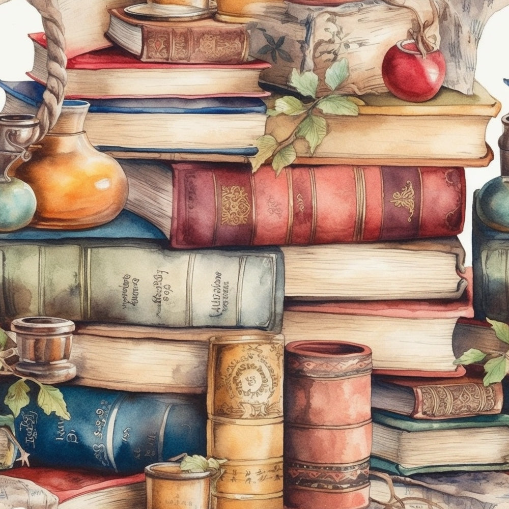 A watercolor illustration of stacked vintage books, a small red apple, a potion bottle, and leaves scattered around.