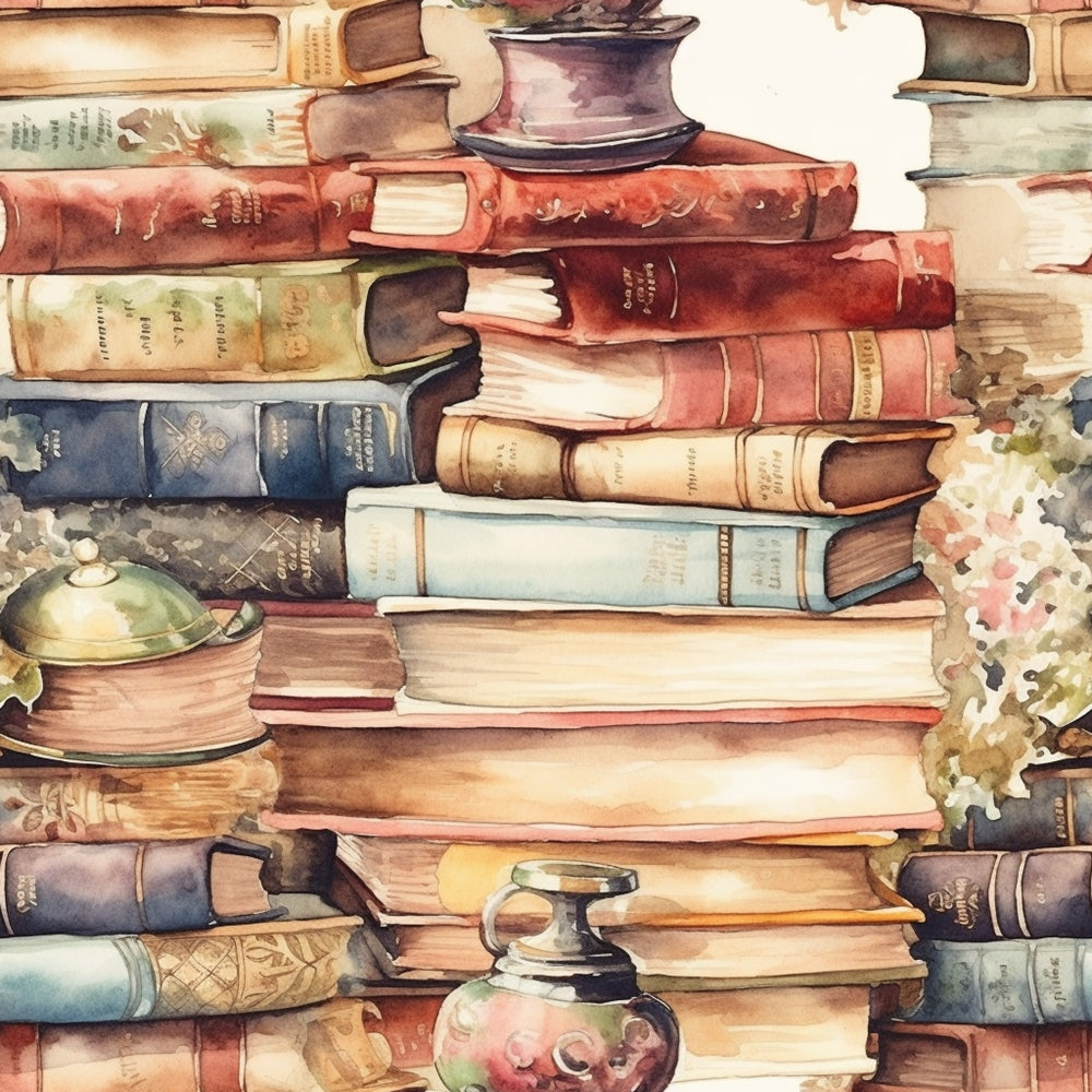 A stack of colorful books, some open and some closed, surrounded by ceramic pots and a small floral arrangement.