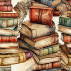 Stacks of old, colorful books are piled haphazardly, some with visible titles. The books exhibit signs of wear and age, with a watercolor-style depiction.