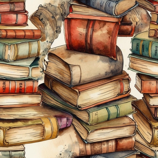 Stacks of old, colorful books are piled haphazardly, some with visible titles. The books exhibit signs of wear and age, with a watercolor-style depiction.