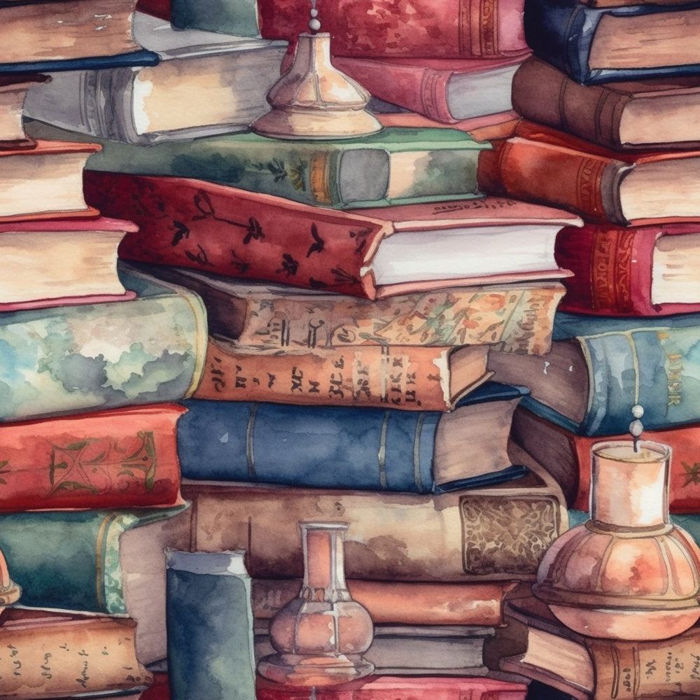 A stack of colorful, vintage books with ornate covers, various sizes, and a few small decorative lamps placed among them.