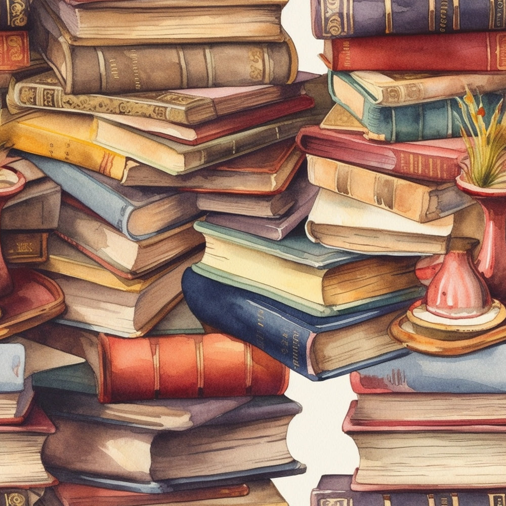 A watercolor painting of stacked old books, some opened and some closed, with a small potted plant and a teacup on a saucer nearby.