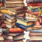 A watercolor painting of stacked old books, some opened and some closed, with a small potted plant and a teacup on a saucer nearby.