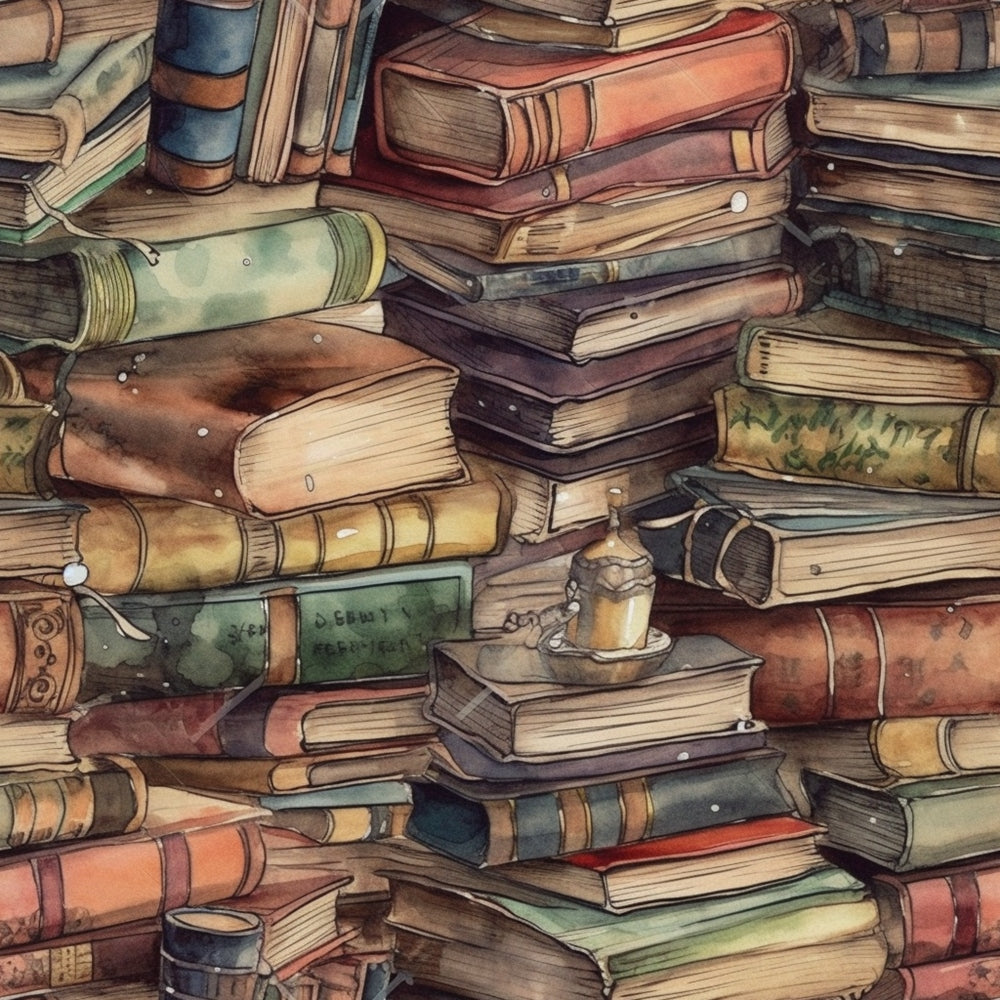 A messy stack of colorful, aged books, some with visible wear. A lit candle in a holder sits atop one pile, adding a warm glow to the scene.