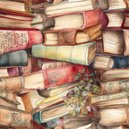A watercolor illustration of a cluttered pile of old books with ornate covers and faded spines, interspersed with a few leaves.