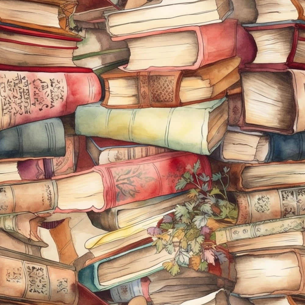 A watercolor illustration of a cluttered pile of old books with ornate covers and faded spines, interspersed with a few leaves.