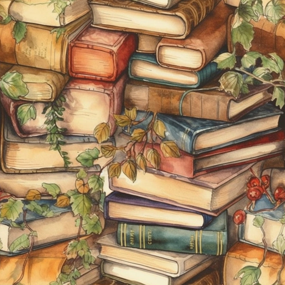 A watercolor illustration of stacked books intertwined with vines and leaves, featuring various colors and textures, creating a natural and enchanting atmosphere.