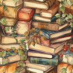 A watercolor illustration of stacked books intertwined with vines and leaves, featuring various colors and textures, creating a natural and enchanting atmosphere.