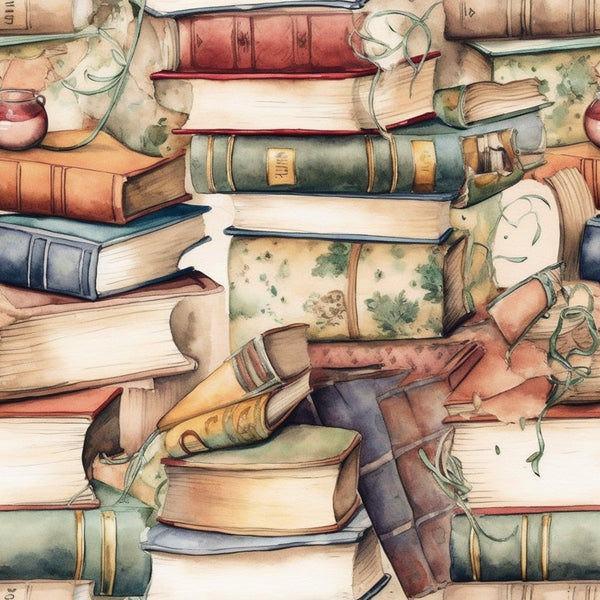 A watercolor illustration of a stack of various books, some open and some closed, with green vines and a small red jar scattered among them.