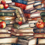 Stacks of colorful books with red apples placed on top and around them.