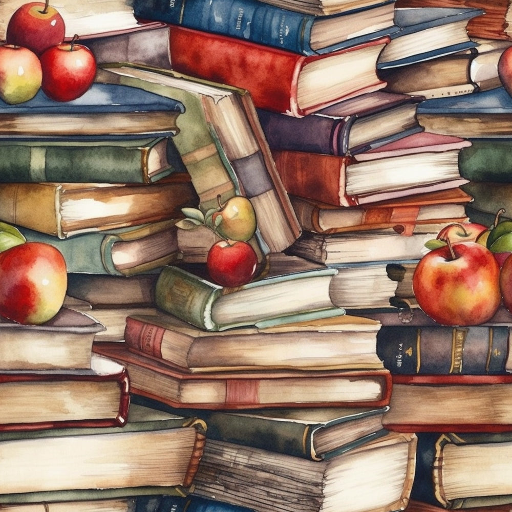 Stacks of colorful books with red apples placed on top and around them.