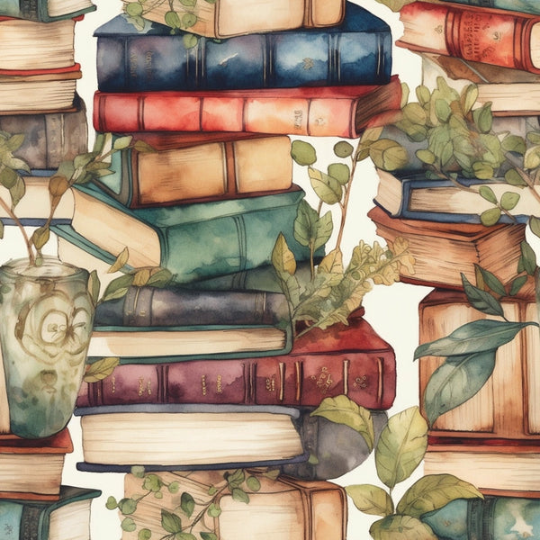 Stacks of colorful books intertwined with green leaves and branches. A glass with plant motifs is on the left.