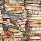 A watercolor illustration of a large, disorganized pile of books with varied cover designs and colors.