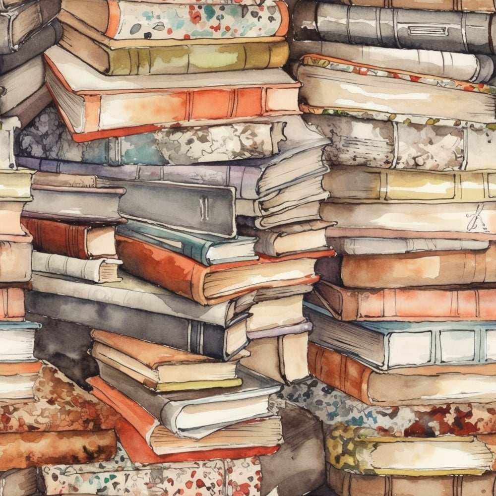 A watercolor illustration of a large, disorganized pile of books with varied cover designs and colors.