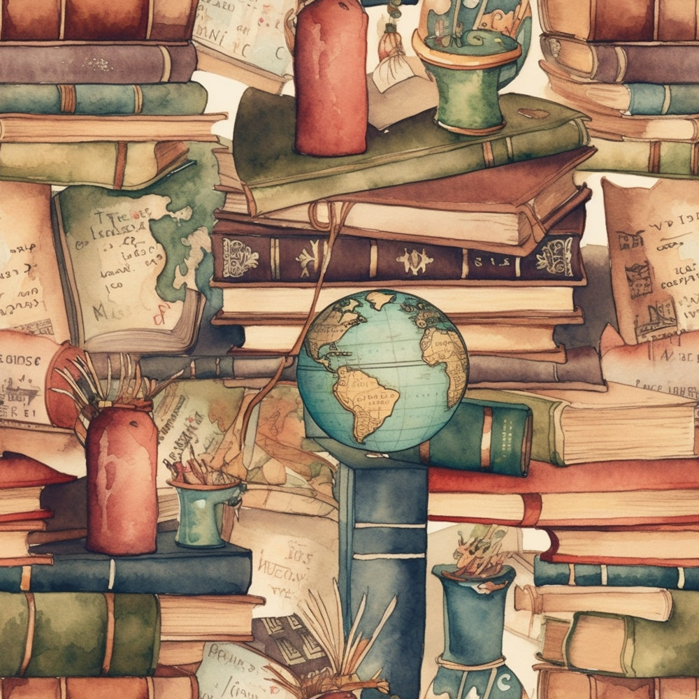 Illustrated scene of stacked vintage books, scattered papers, and a small globe surrounded by plants.