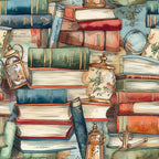 A watercolor painting of a cluttered table with stacks of books and ornate objects, including jars and a magnifying glass, arranged haphazardly.