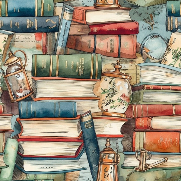 A watercolor painting of a cluttered table with stacks of books and ornate objects, including jars and a magnifying glass, arranged haphazardly.