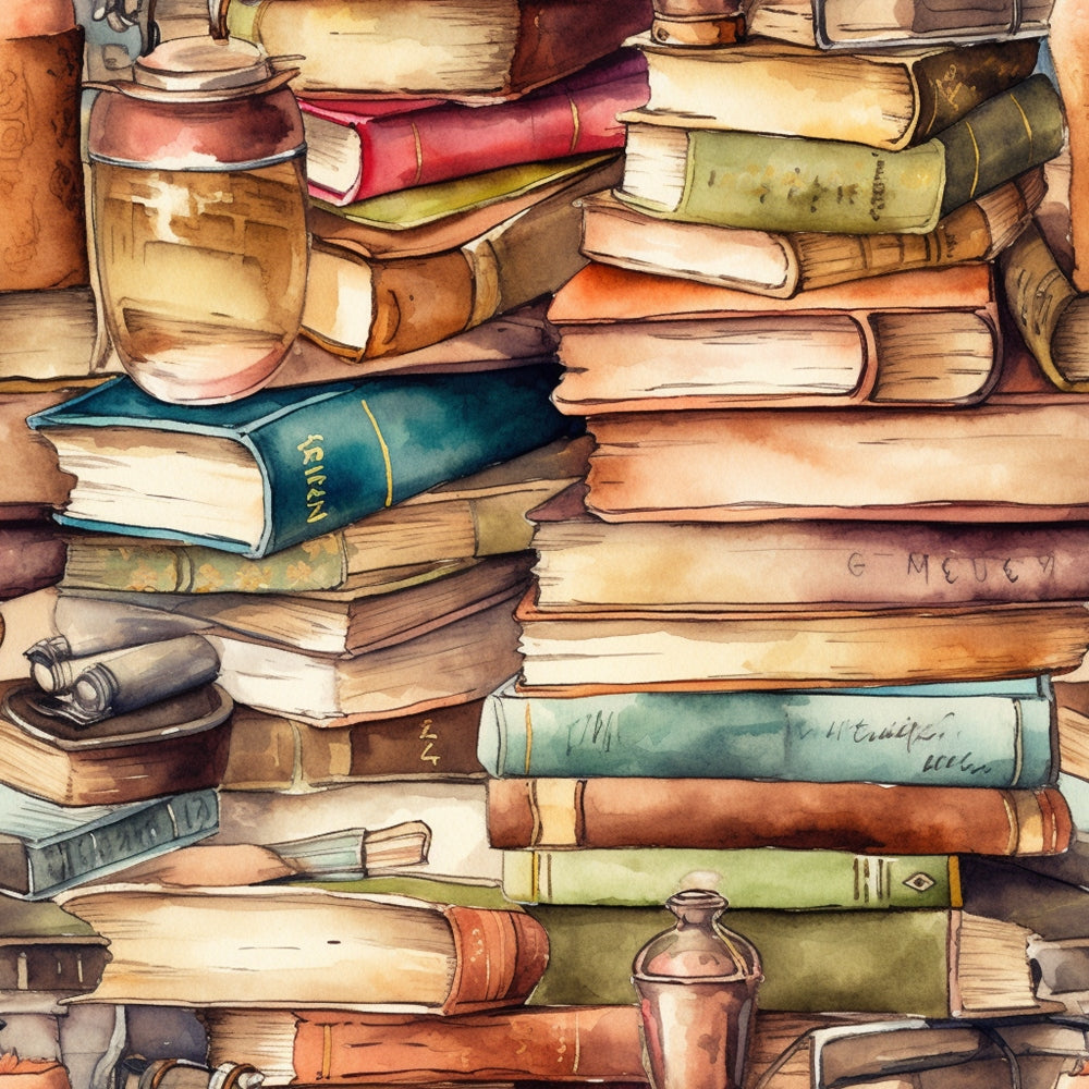 A watercolor painting of a cluttered stack of vintage books, journals, and small jars on a wooden surface.