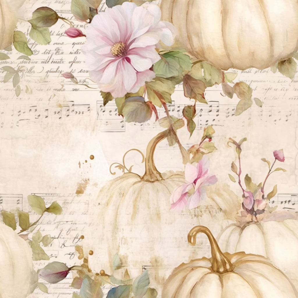 white pumpkins, cream pumpkins, pink flowers, magnolia blooms, green leaves, autumn foliage, sheet music, handwritten text, vintage paper, watercolor style, fall harvest, botanical elements, soft pastels,, fabric panel, seasonal design, romantic florals, antique aesthetic, warm neutrals, delicate artwork