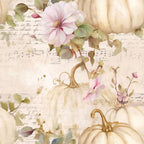 white pumpkins, cream pumpkins, pink flowers, magnolia blooms, green leaves, autumn foliage, sheet music, handwritten text, vintage paper, watercolor style, fall harvest, botanical elements, soft pastels,, fabric panel, seasonal design, romantic florals, antique aesthetic, warm neutrals, delicate artwork